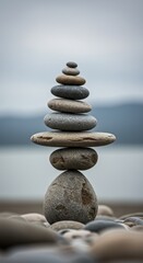Balanced zen stone stack in serene coastal landscape for mindfulness and tranquility