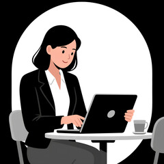 Businesswoman Working Remotely at Café – Flat Vector of Digital Nomad Lifestyle

