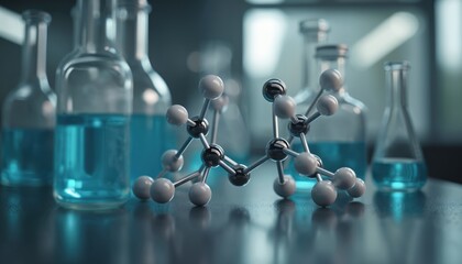 Close-up of molecular model representing organic compound on lab bench. Multiple glass flasks filled with blue liquid visible in background. Scene evokes scientific research, experimentation,