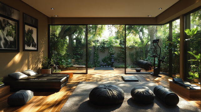 Modern meditation and fitness room with floor-to-ceiling windows, natural light, garden views, and peaceful atmosphere for mindfulness and wellness.
