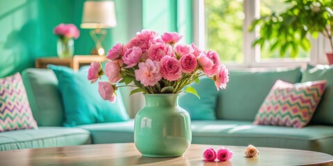 Elegant pink flowers in vase brighten cozy living room with teal decor