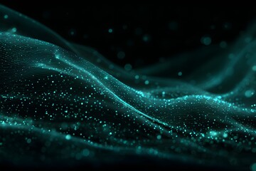 Abstract digital background with a wave of dots and lines in a dark blue-green color, suitable for a technology banner or presentation design.