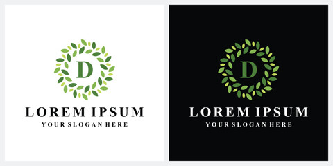 Initial letter D gren leaf nature, symbol vector icon of beauty salon and wedding 