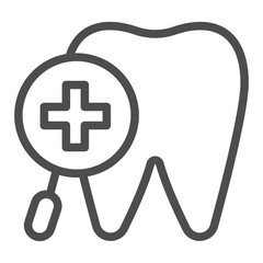 Tooth with magnifier and plus line icon, body hygiene concept. Vector graphics. Magnifying glass with cross, dentistry sign on white background, outline style icon for mobile or web design.