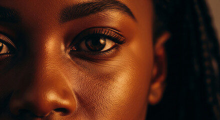 Fototapeta premium Close-up of dark brown eye and skin texture, warm golden light, showcasing detail and depth, representing intimacy, beauty, and human connection