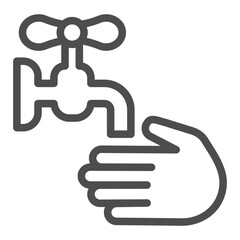 Faucet and hand line icon, body hygiene concept. Vector graphics. Hand with faucet tap, washing hands sign on white background, outline style icon for mobile or web design.