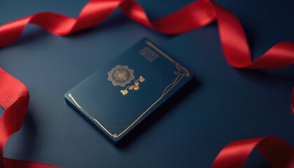 Elegant dark blue VIP card with gold emblem, red ribbon accent. Exclusive membership design suggests premium access, luxury events, special celebrations. High-end marketing tool signifies privilege,
