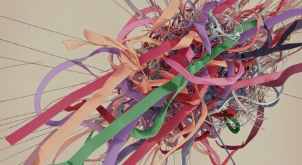 Colorful explosion of ribbons in motion against a minimalist background