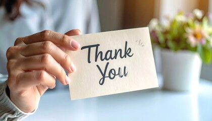 Close-up of a hand holding a simple thank you card
