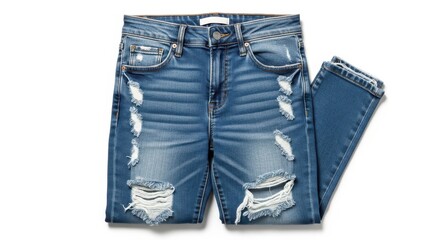 Stylish distressed blue denim jeans isolated on white background