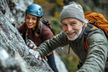 Senior man with an instructor climbing rocks outdoors in nature,  an active lifestyle and enjoying the physical challenge of rock climbing, Generative AI