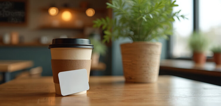 Modern cafe setting with a coffee cup and blank card on a wooden table. A potted plant and blurred background create a cozy atmosphere, suggesting digital ordering and branding opportunities.