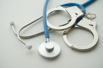 Handcuffs and stethoscope on white background. Medical crime, services without a license, malpractice and so on. Medical law rules regulations in the health care industry and its patients concept.