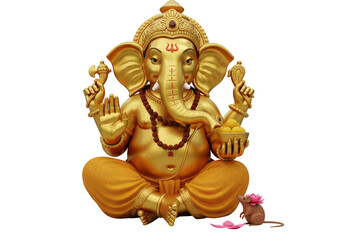 Fototapeta premium Gold Statue of Lord Ganesha Holding Ladoos with Mouse on Lotus for Ganesh Chaturthi