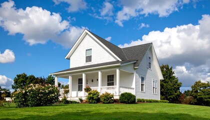 White farmhouse on a sunny day.