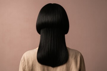 Fototapeta premium A woman with long, straight black hair is seen from the back. She wears a light-colored sweater against a soft pink background.