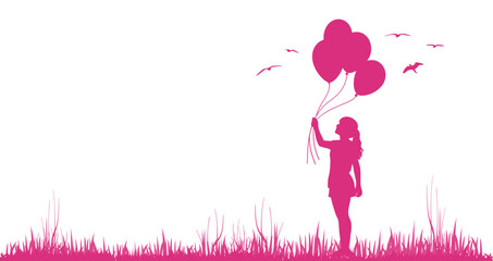 sagoma, silhouette, ragazza, palloncino, concetto, felicitò, gioia, libertà, leggerezza