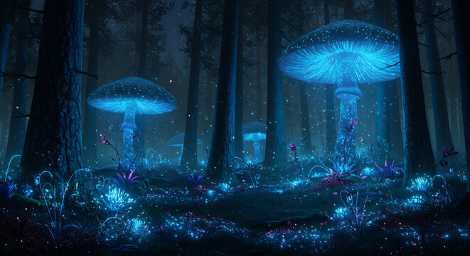 Mystical nighttime landscape of a fantasy forest with giant, glowing blue bioluminescent mushrooms illuminating the woods.