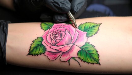 Close-up of a tattoo artist inking a pink rose with green leaves onto a person's forearm