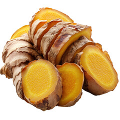 Fresh sliced ginger root isolated on transparent background.
