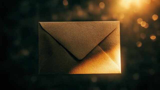 Closed brown envelope floating in magical golden light