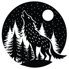 Majestic wolf howling at the full moon in a starry forest landscape