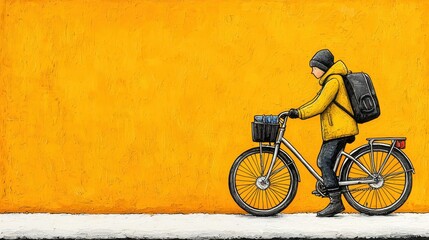 Naklejka premium Person Riding Bicycle Against Orange Wall in Winter