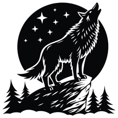 Howling Wolf Silhouette Against Starry Night Sky and Mountain Landscape Design