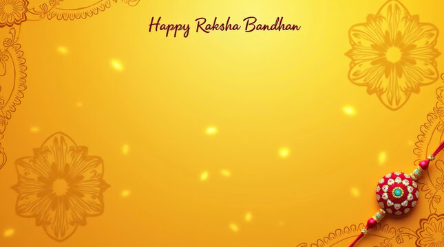 Vibrant yellow background for Raksha Bandhan, featuring colorful Rakhi in corner, intricate floral patterns, and subtle light effects, with "Happy Raksha Bandhan" text for celebration wishes