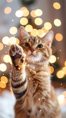 Festive ginger cat playfully paws at sparkling lights