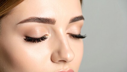 Fototapeta premium Close-up of a woman's face, eyes closed, showcasing well-defined eyebrows and long eyelashes