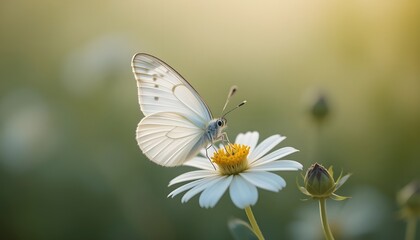 Obraz premium White butterfly on a flower with creamy background blur