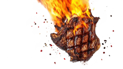 Juicy grilled steak bursts into flames, surrounded by colorful spices, captured in an exciting culinary moment
