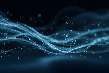 Abstract blue digital background with glowing dots and waves of light on a black space, an artificial intelligence technology concept