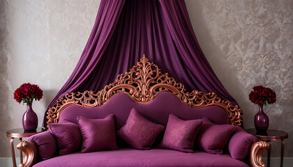Comfortable luxury red sofa and pillows in a modern apartment bedroom interior