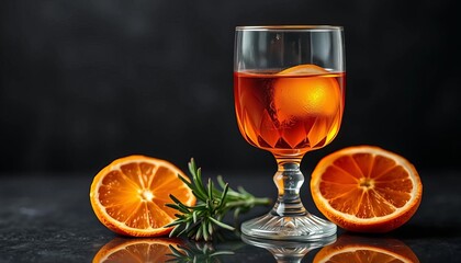 Amber liquor in crystal glass, smoked rosemary & orange, black background,  shadows,  sophisticated