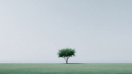 Obraz premium Isolated green tree stands alone in a vast open field under a clear sky, symbolizing solitude and tranquility in nature's beauty