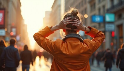Woman experiences panic attack on busy city street. Feeling overwhelmed by fear, isolation amidst crowded urban environment. Anxiety grips, showing struggle with mental health challenges in public