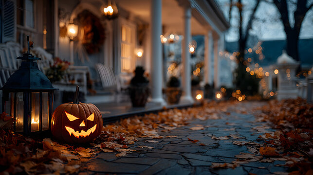Glowing jack-o'-lantern on porch with autumn leaves, Halloween theme