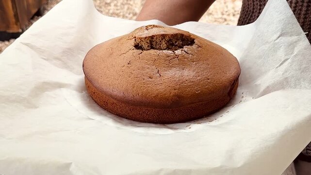 Woman holding freshly baked sponge cake in kitchen.