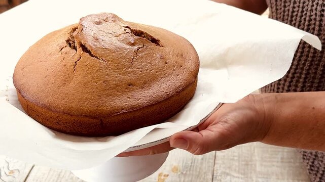 Woman holding freshly baked sponge cake in kitchen.