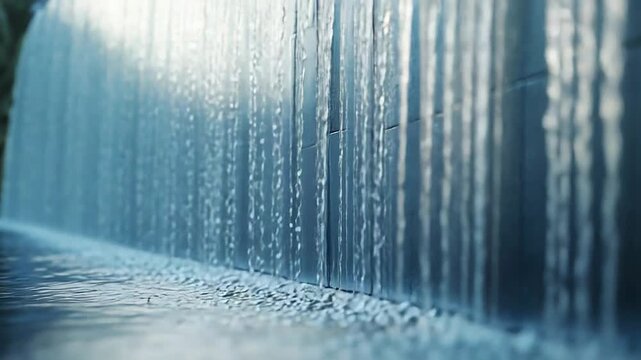 Water falling from modern wall fountain creating tranquil atmosphere