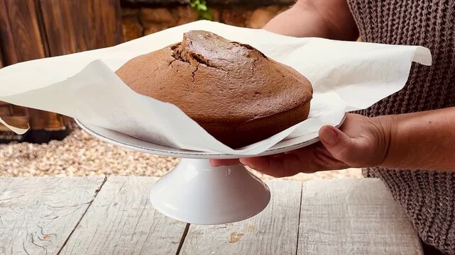 Woman holding freshly baked sponge cake in kitchen.