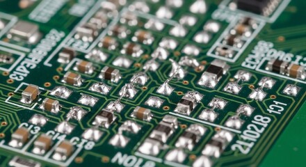 Extreme Close-up of a Green Circuit Board with Surface-Mount Components and Solder