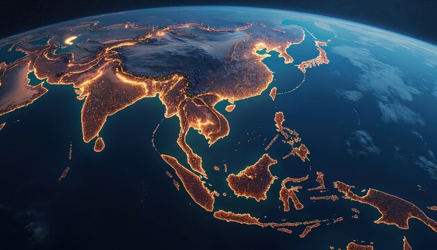 Night view of Southeast Asia from space illuminates glowing cities, coastlines. Earth continents shine with bright lights, revealing urban landscapes against dark oceans. Planet globe map shows