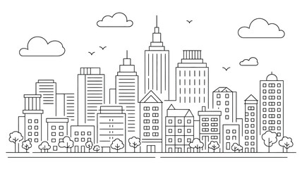 Minimalist line art cityscape with buildings and clouds