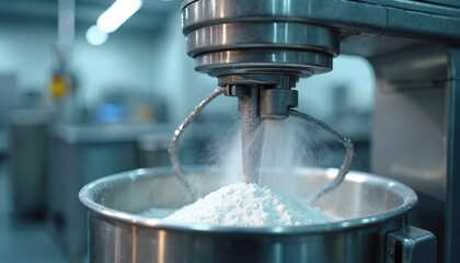 Industrial mixer blends white powder in stainless steel bowl. Modern factory setting with motion blur captures production process. Shiny silver equipment shows automation in manufacturing clean