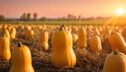 Golden cornfield glowing at sunset in autumn harvest season
