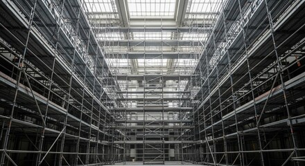 Extensive Scaffolding Structure Inside a Building Under Construction with Skylight