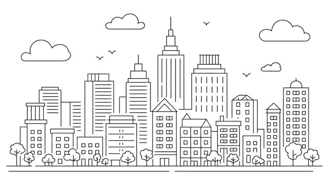 Minimalist line art cityscape with buildings and clouds - Powered by Adobe